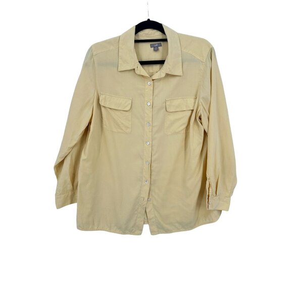 Women's J. Jill 1X Button Up 100% silk shirt top Butter yellow long sleeves FLAW - Picture 1 of 13
